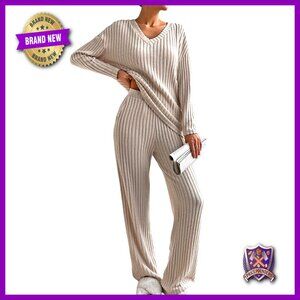 Long Sleeve Ribbed Knit Pajama Set 2 Piece Lounge Wear Sleepwear